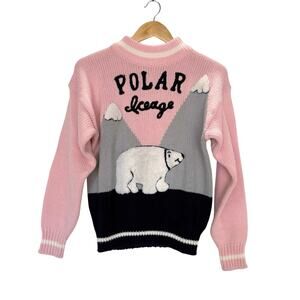 Vintage Sweater Fuzzy Polar Bear Mountain Size M Pink Mock Neck Long Sleeve